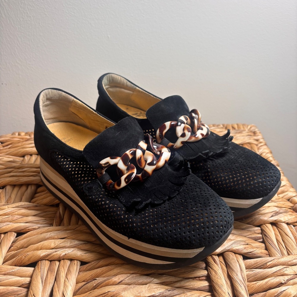 Softwaves Black Suede Platform Loafers Tortoiseshell Chain Kiltie Fringe EU 39